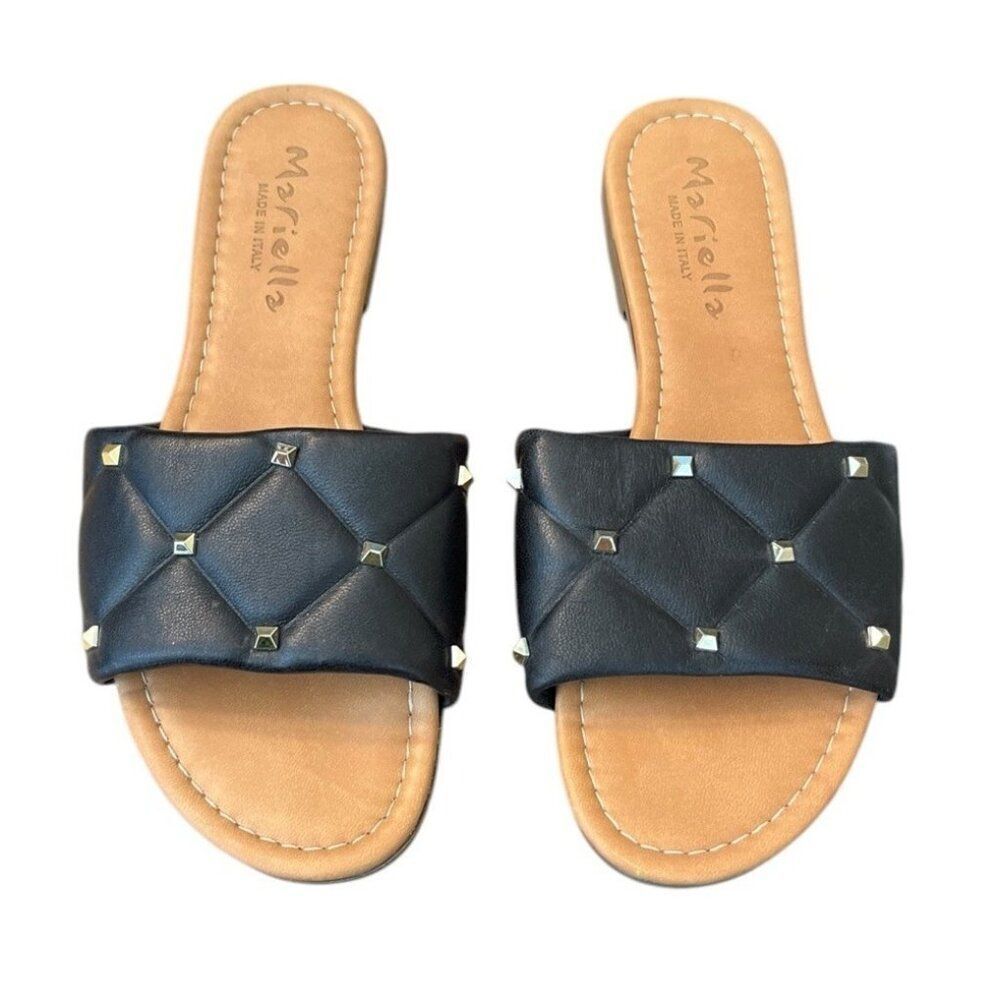 Mariella Womens Size 9 Black Gold Studded Slide Quilted Flat Sandals Italy